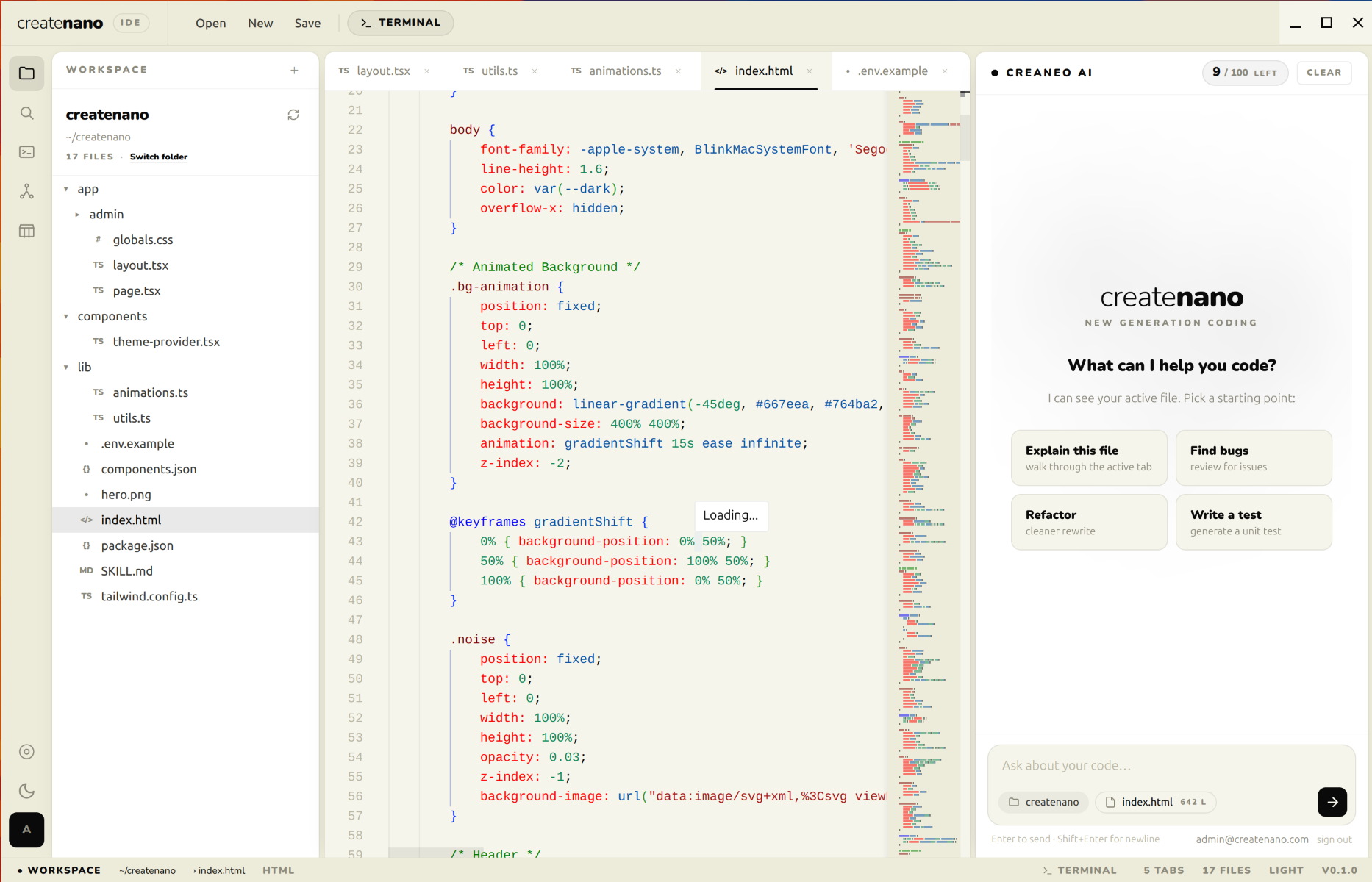 Createnano IDE — desktop code editor with AI chat, file explorer, Monaco editor, and integrated terminal